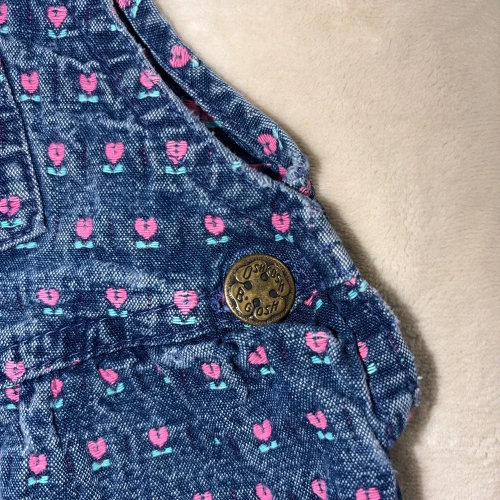 Vintage OshKosh Bgosh Vestbak Overalls 24M Blue Denim Pink Heart Floral USA Made